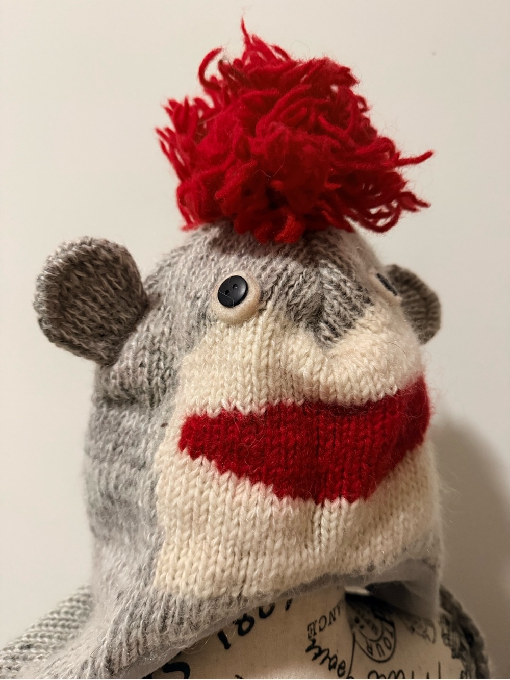 Hand-Knit Grey & Cream Sock Monkey Hat with Red Pom